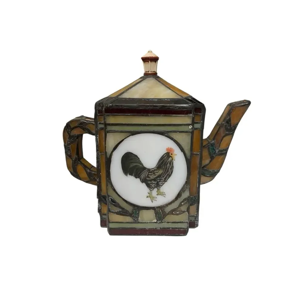 Vintage Tiffany Style Stained‎ Glass Rooster Teapot Lamp Farmhouse Art Deco